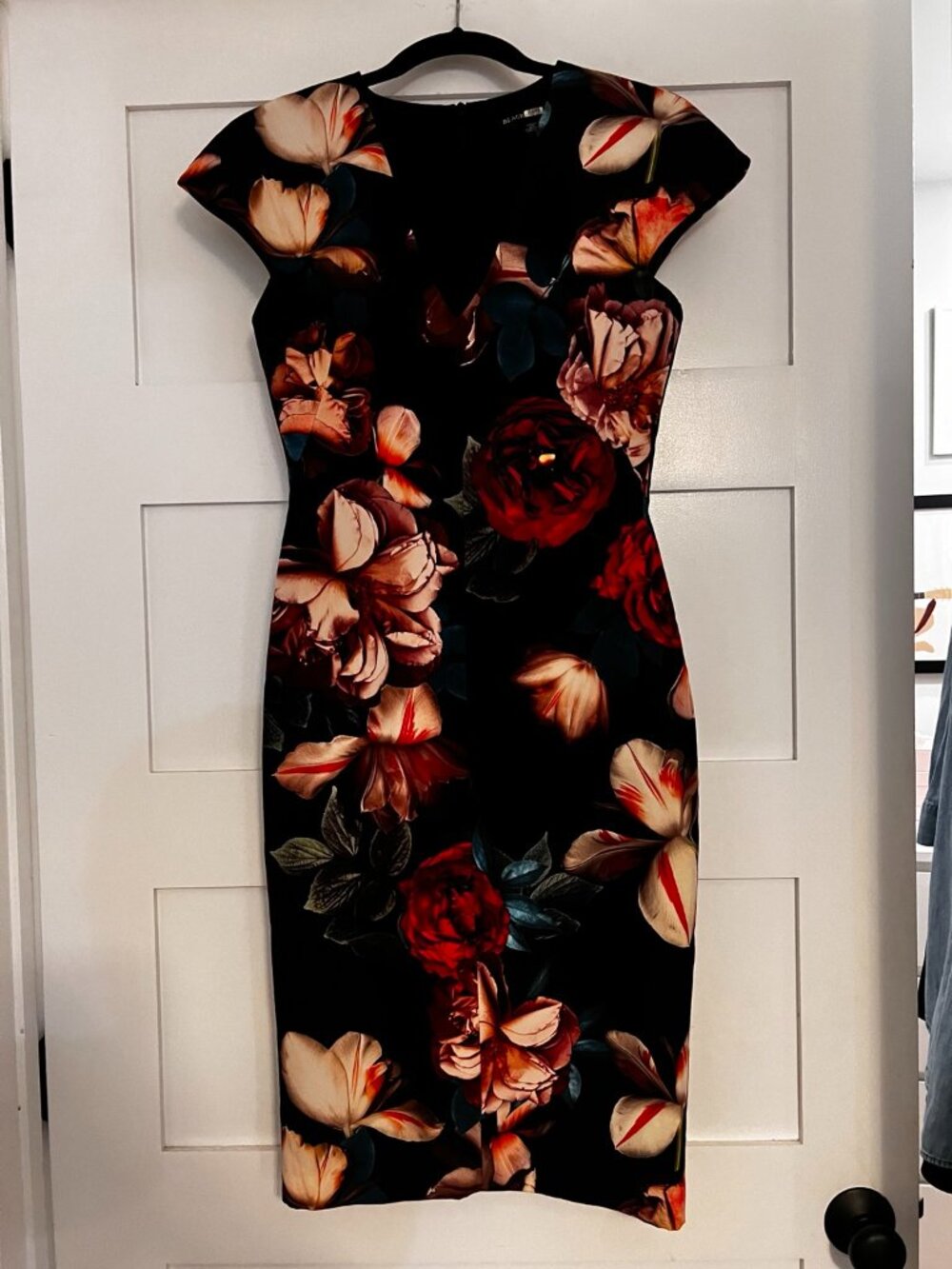 Black Halo Floral V-Neck Cap Sleeve Sheath Dress Size 2